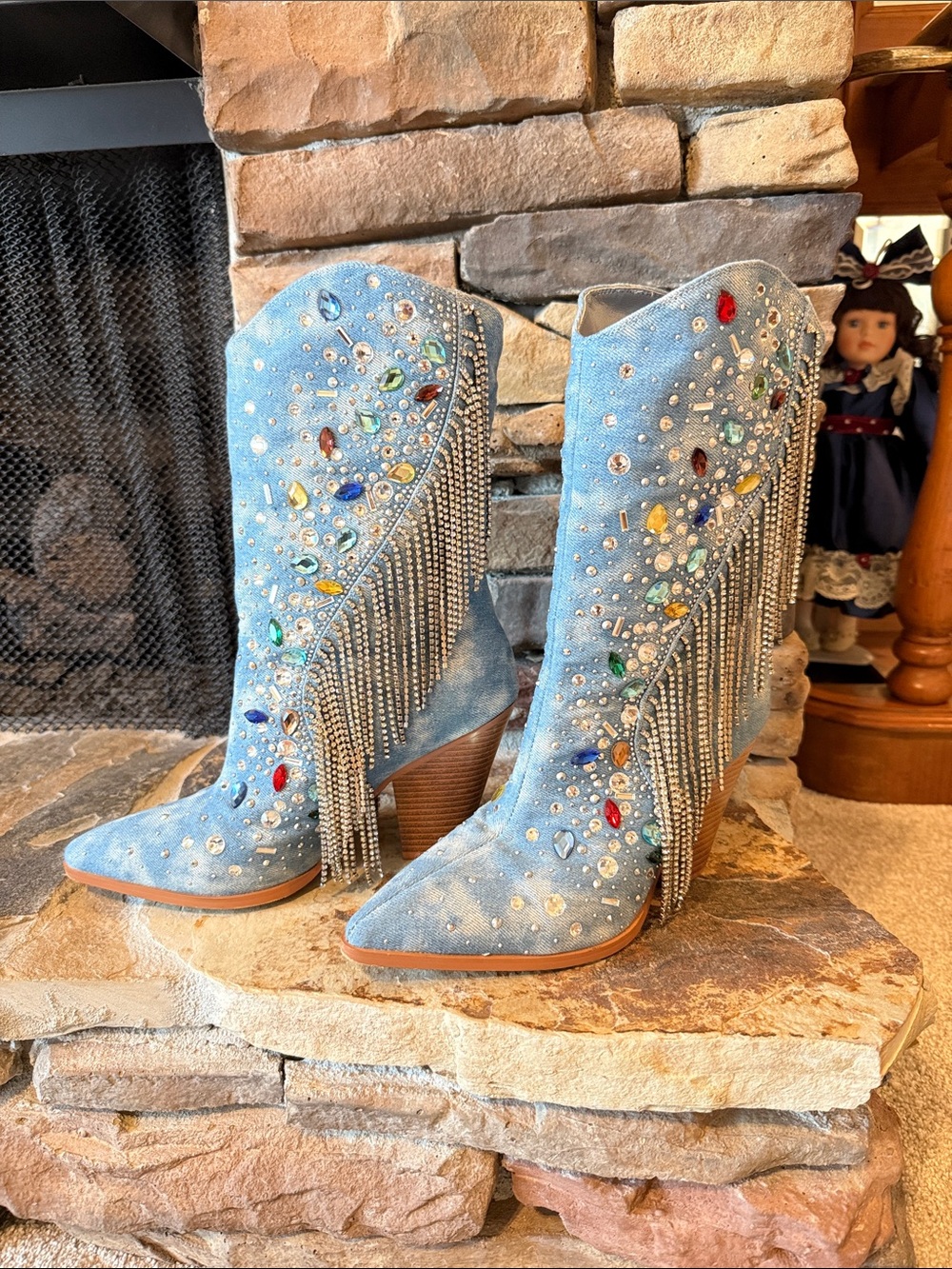 Light Blue Jeweled Fringe Western Booties - Women